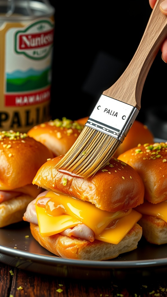 Delicious ham and cheese Hawaiian sliders topped with garlic butter.