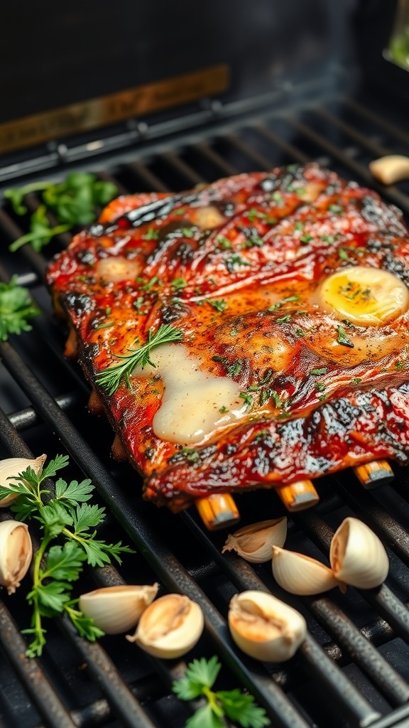 Delicious garlic herb butter ribs grilling on a barbecue.
