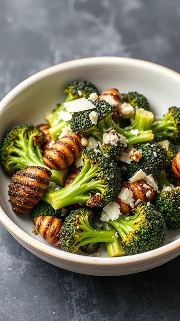 A bowl of garlic parmesan roasted broccoli with garnishes.