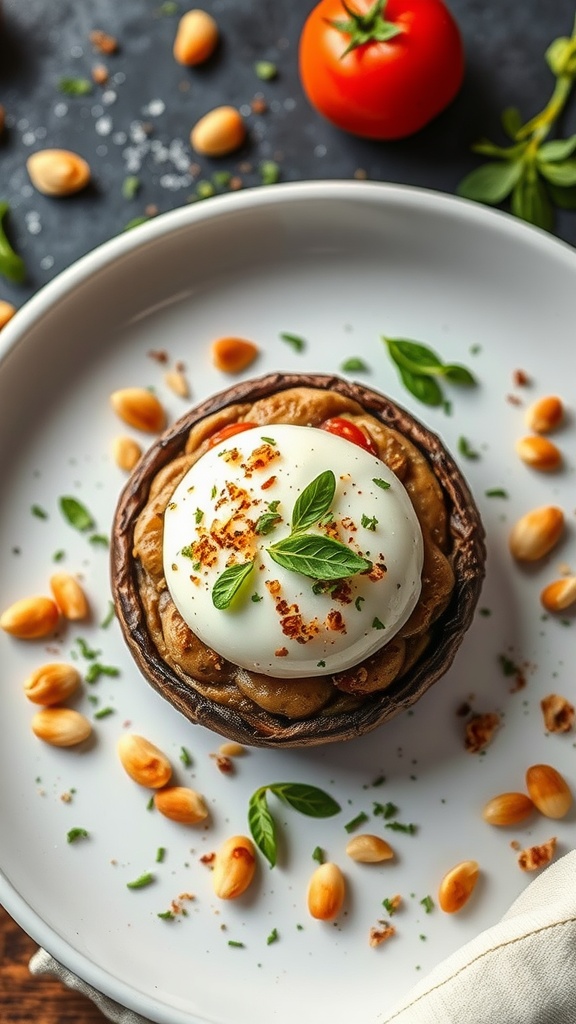 Delicious Portobello mushrooms filled with caprese ingredients and garnished with toasted pine nuts