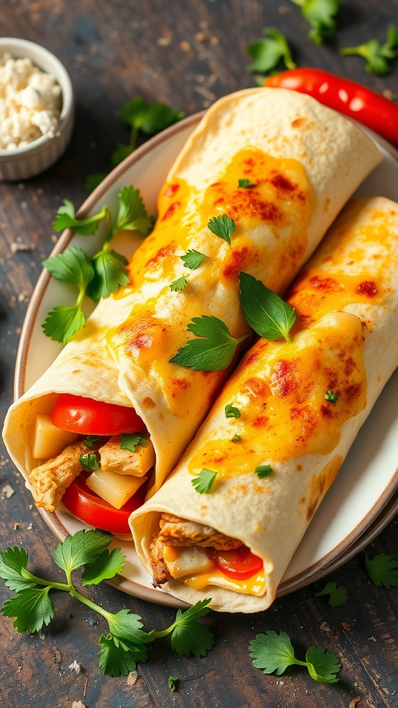 Cheesy garlic chicken wraps garnished with cilantro and red chili on a plate.