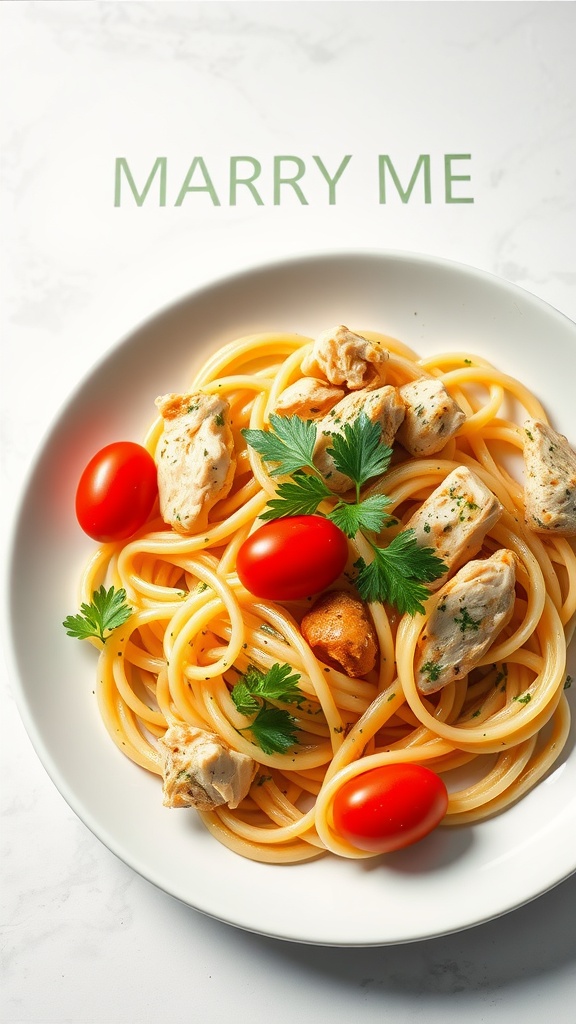 Garnished plate of Marry Me Chicken Pasta with parsley and cherry tomatoes.