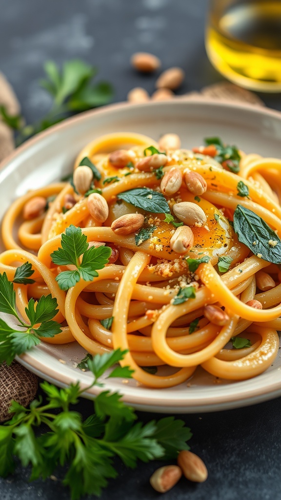 Creamy Vegan Caramelized Onion Pasta garnished with herbs and nuts