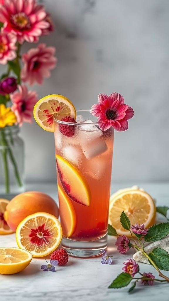 A refreshing glass of raspberry peach lemonade garnished with lemon and flowers, surrounded by fresh fruits.