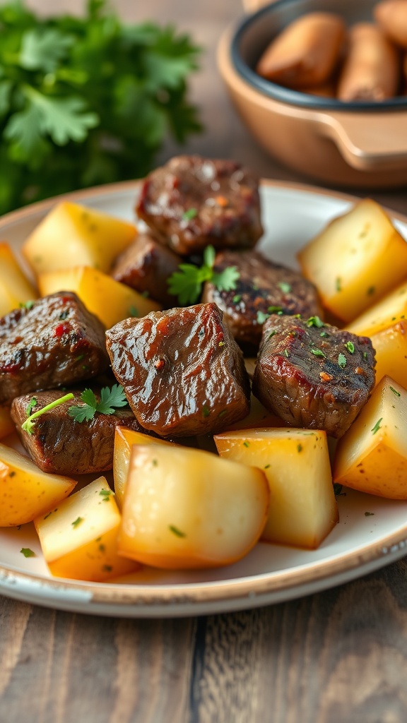 A plate of garlic butter steak bites and potatoes garnished with fresh herbs.