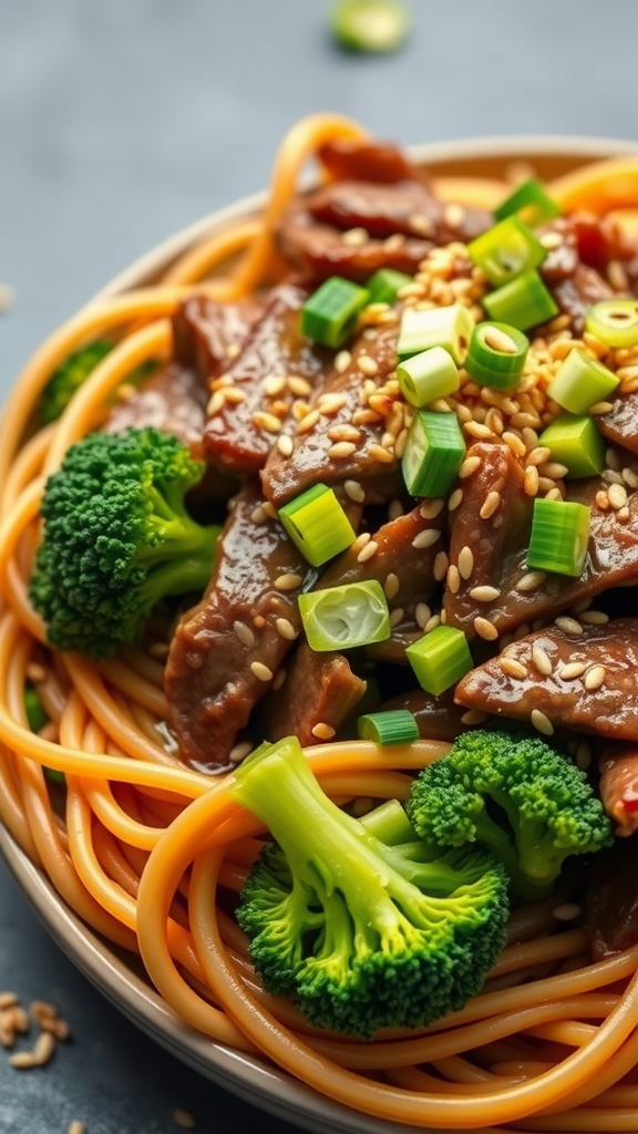 A bowl of beef and broccoli lo mein garnished with green onions and sesame seeds.