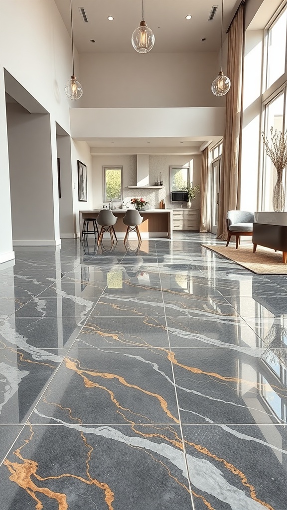 A modern living space featuring geometric 3D epoxy flooring with dark gray and gold accents.