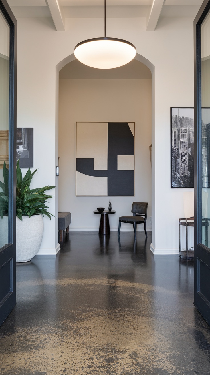Modern living room with geometric cement floors and stylish furniture