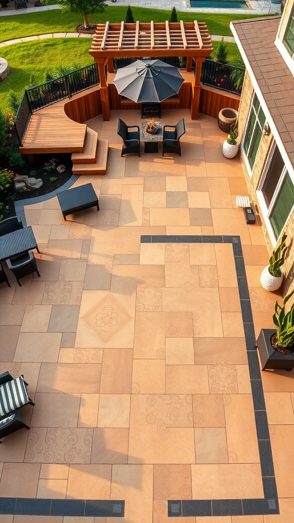 Aerial view of a modern stamped concrete patio with geometric designs and a wooden deck.