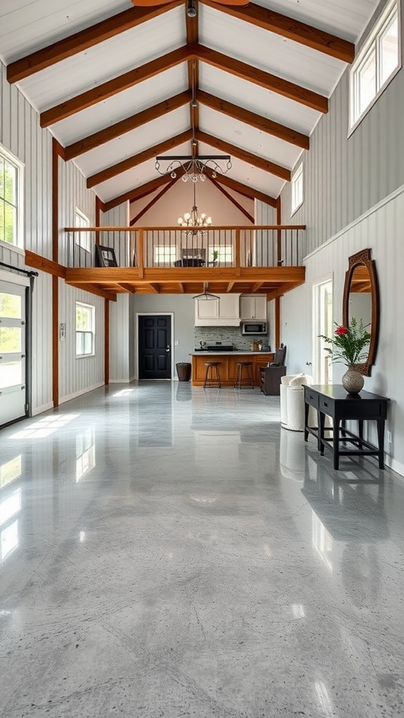 Interior view of a modern barn-style living space with epoxy floors and a loft.