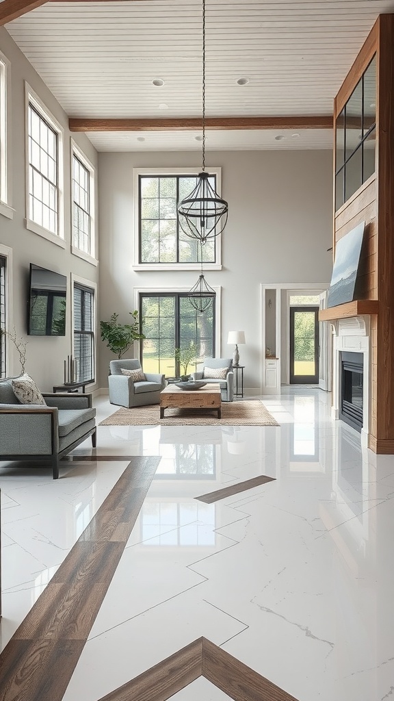 A stylish living room featuring geometric epoxy flooring with wood accents, large windows, and a modern farmhouse aesthetic.