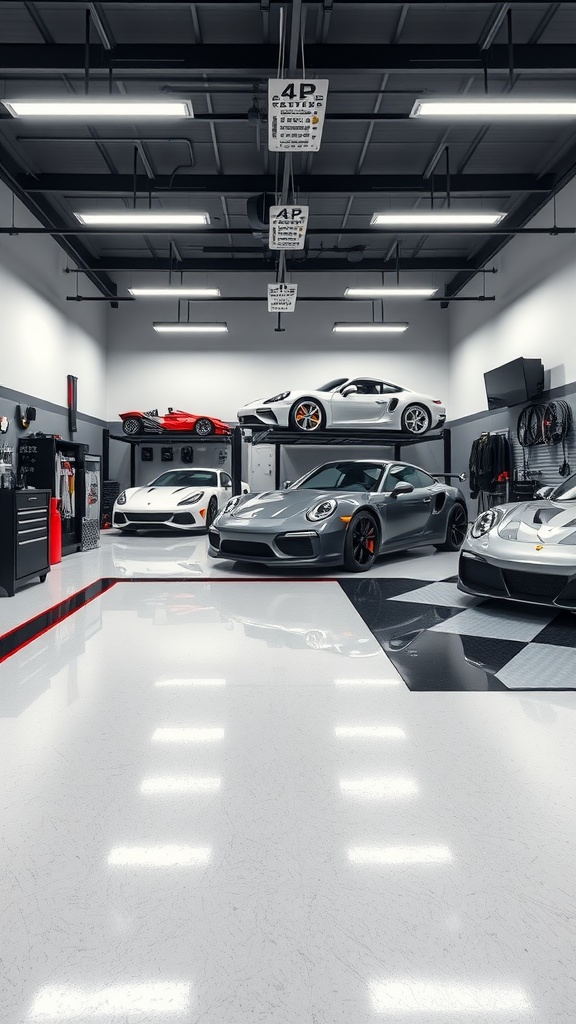 A luxury garage showcasing metallic epoxy flooring with geometric patterns and multiple cars.