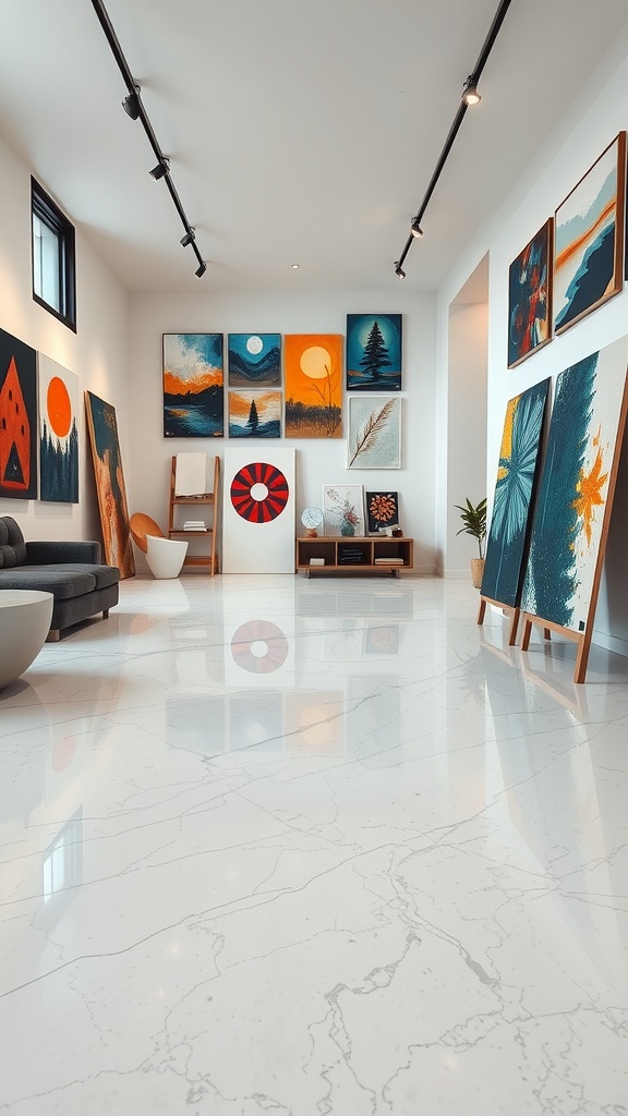A bright, modern room with a marble epoxy floor and colorful geometric artwork on the walls.