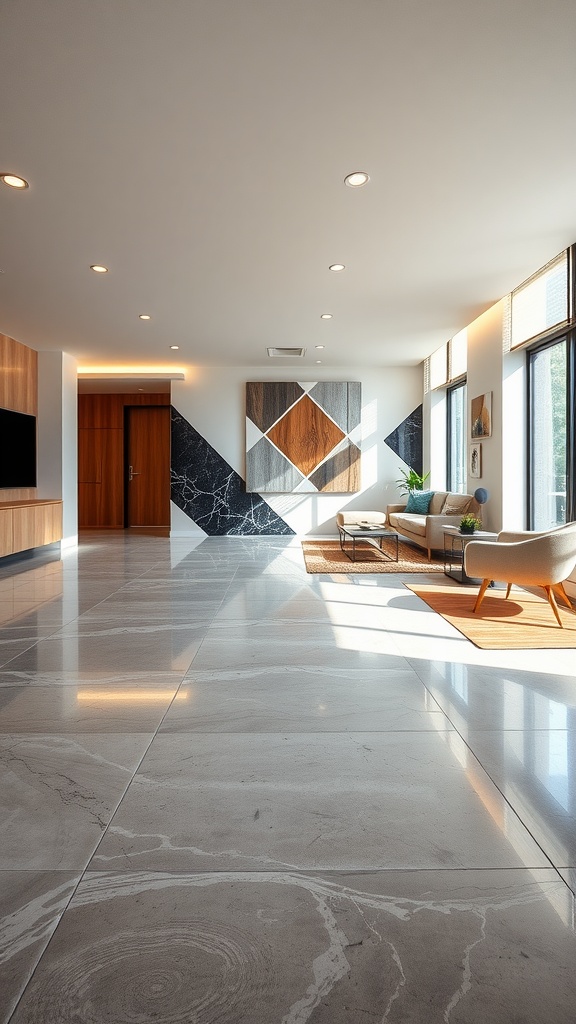 A modern living room featuring geometric epoxy wall designs and sleek concrete floors.