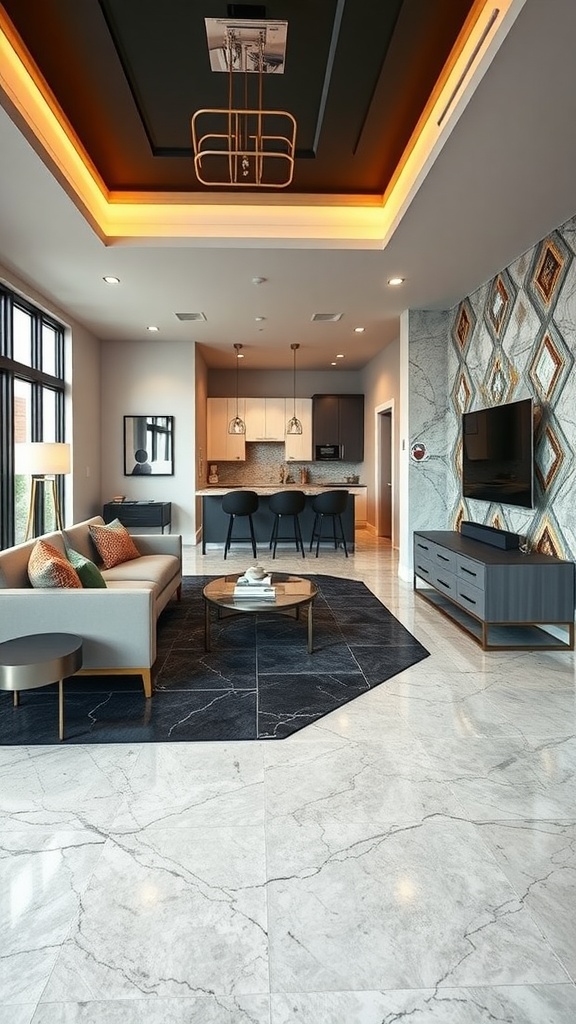 Stylish living area with geometric pattern epoxy flooring that resembles marble.