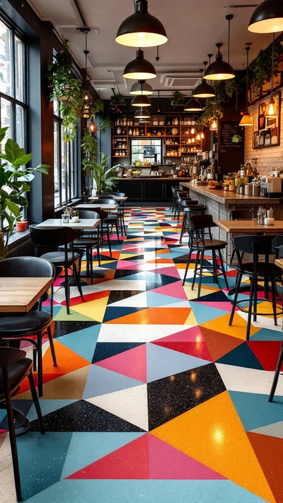 Colorful geometric patterned epoxy flooring in a cozy café