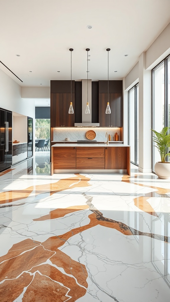 A modern kitchen featuring a stylish epoxy floor with geometric patterns