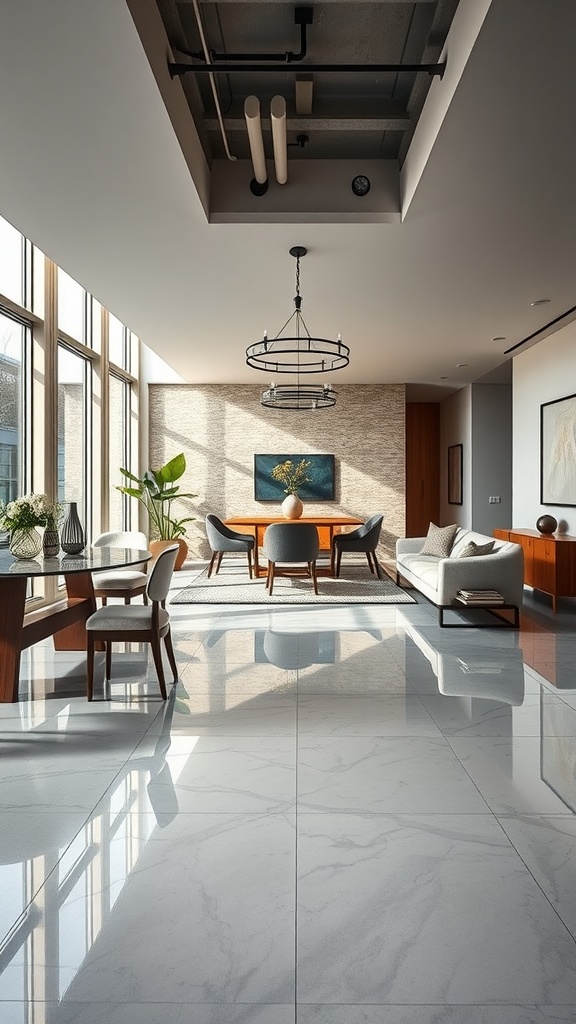A modern living space with geometric patterned concrete floors and stylish furniture.