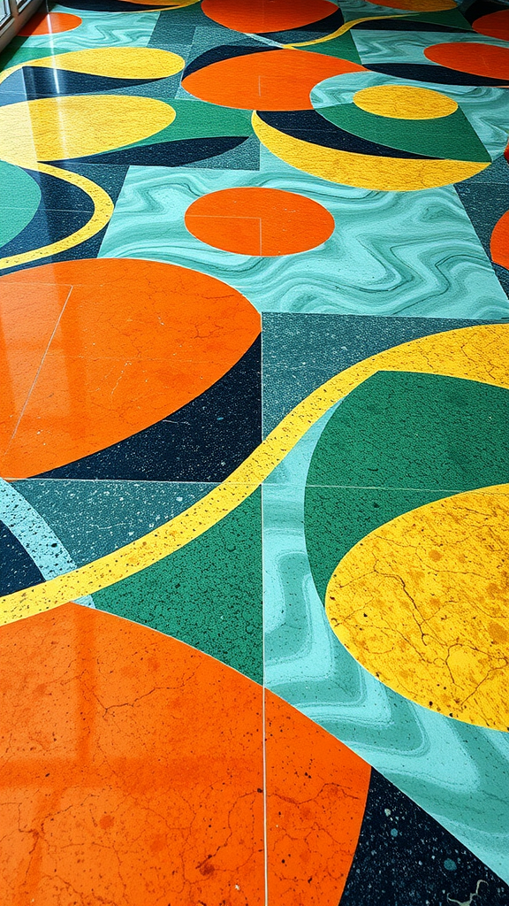 Colorful geometric patterned floor with circles and curves in orange, green, and blue.