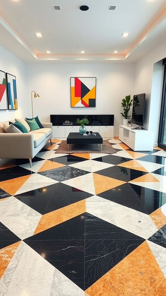 A stylish living room with geometric patterned epoxy flooring featuring black, white, and orange tiles.