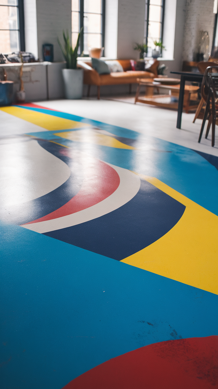 Colorful geometric patterned epoxy floor in a modern interior setting.
