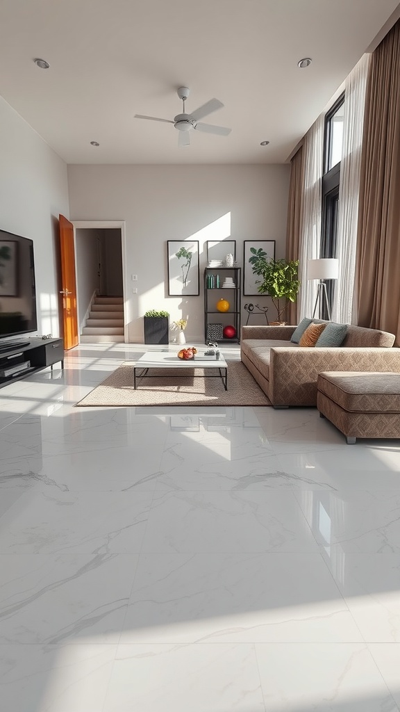 A modern living room featuring a stylish geometric patterned epoxy flooring.