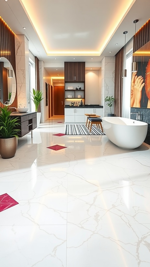 Modern bathroom showcasing geometric patterned epoxy flooring with elegant marble design.