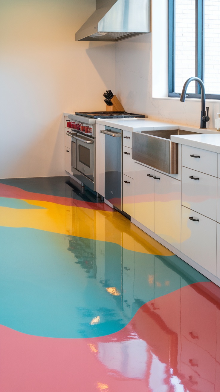 A modern kitchen with geometric patterned epoxy flooring in vibrant colors.
