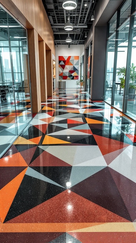 A hallway featuring a geometric patterned epoxy floor with vibrant colors.