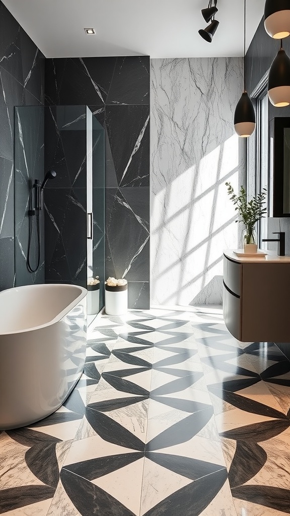 A modern bathroom with a geometric patterned epoxy floor in black and white, featuring a sleek bathtub and stylish decor.