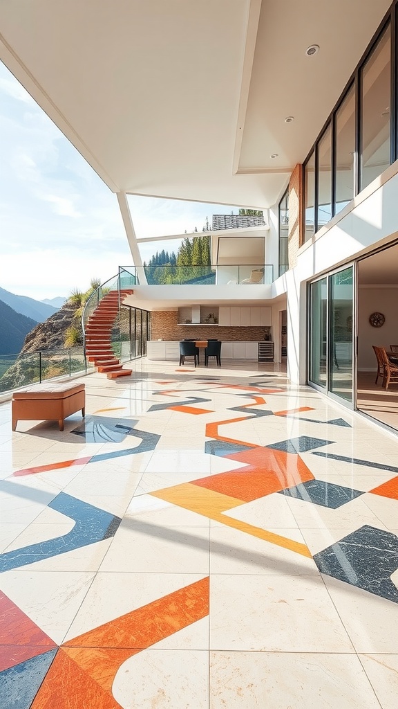 Geometric patterned epoxy floor in a modern hillside home