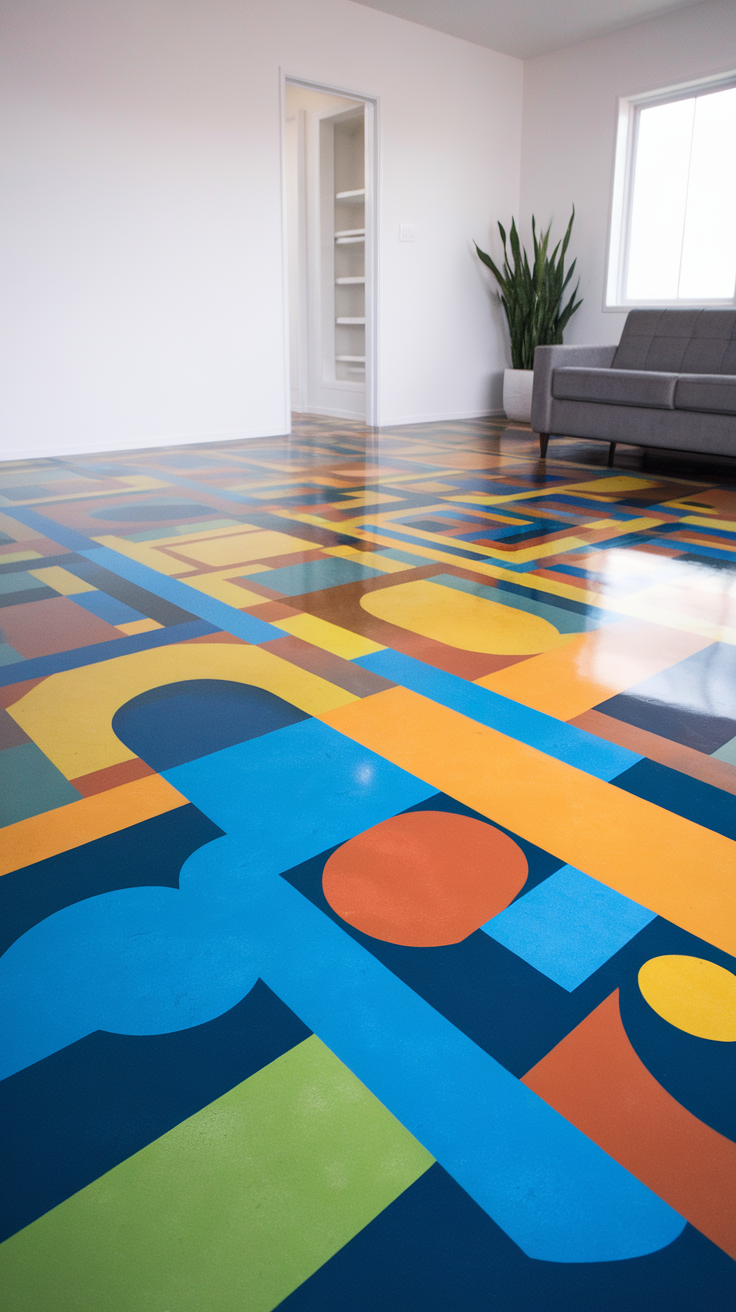 Colorful geometric epoxy floor in a modern living space