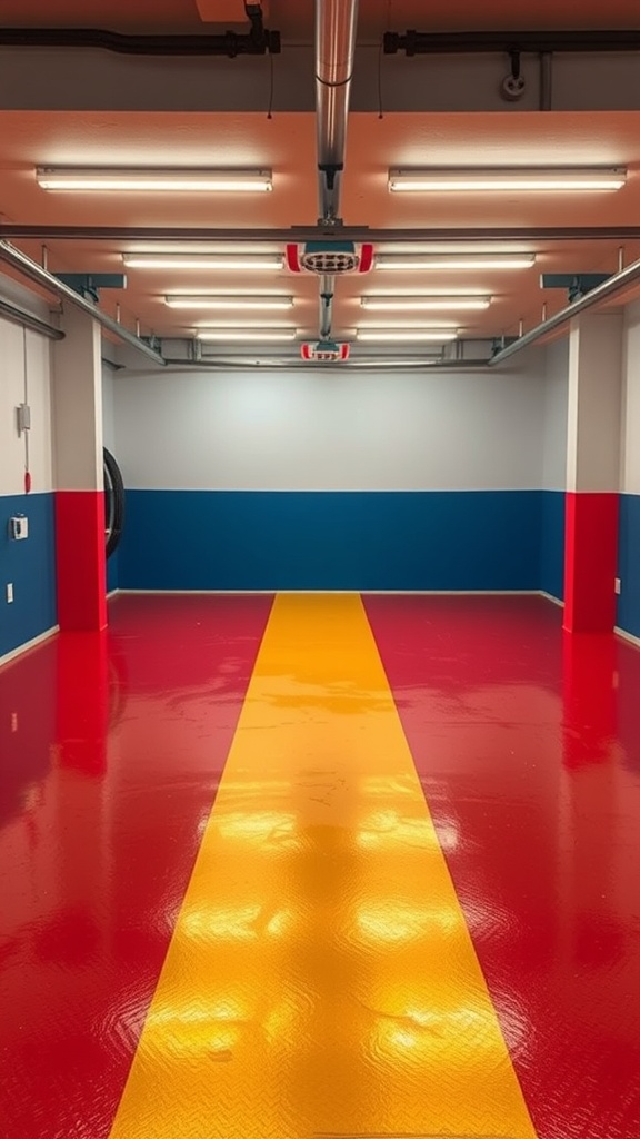 A garage with a geometric epoxy floor design featuring black and white patterns.
