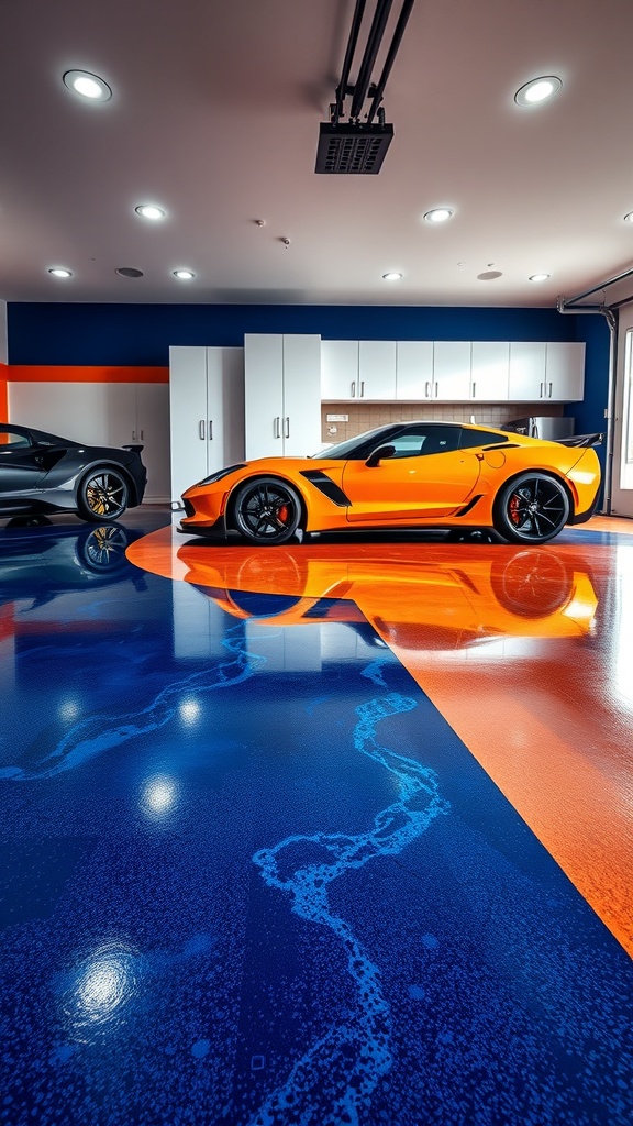 A garage featuring geometric patterns with dark blue and orange epoxy floors, showcasing two stylish cars.