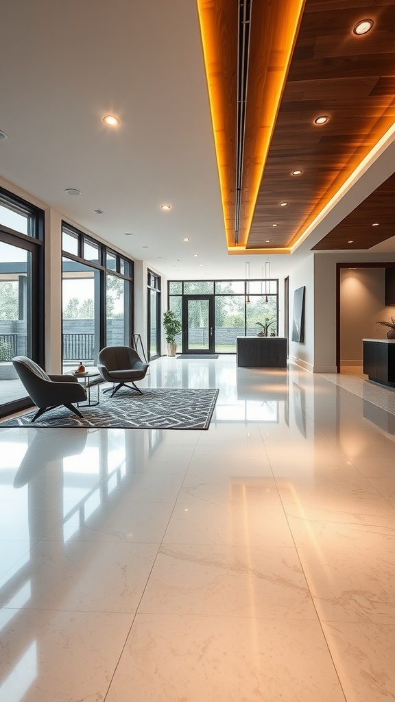 Modern living area with geometric patterns and epoxy floors