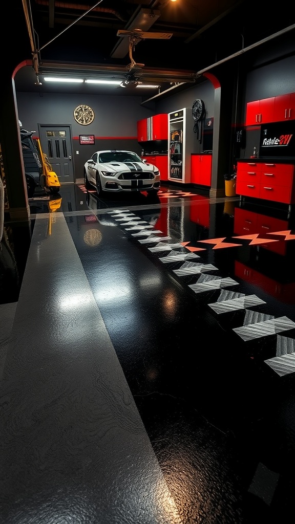 Modern garage with a geometric black epoxy floor pattern featuring a sleek car and red cabinetry.