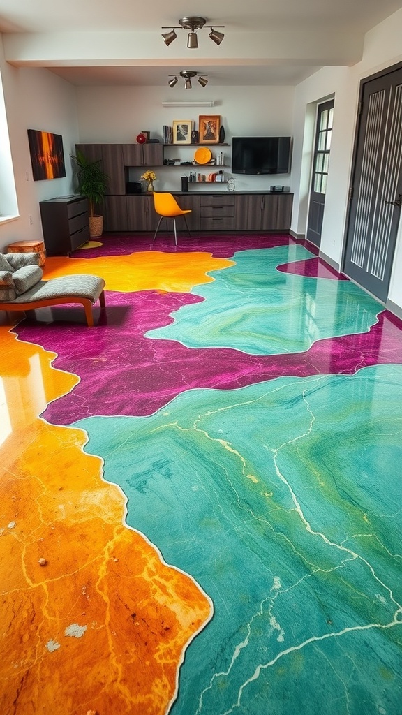 A modern living space featuring geometric patterned epoxy flooring in black, white, and red.