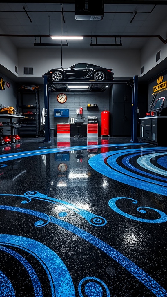 A modern garage with black and blue geometric epoxy flooring, showcasing a sleek design.