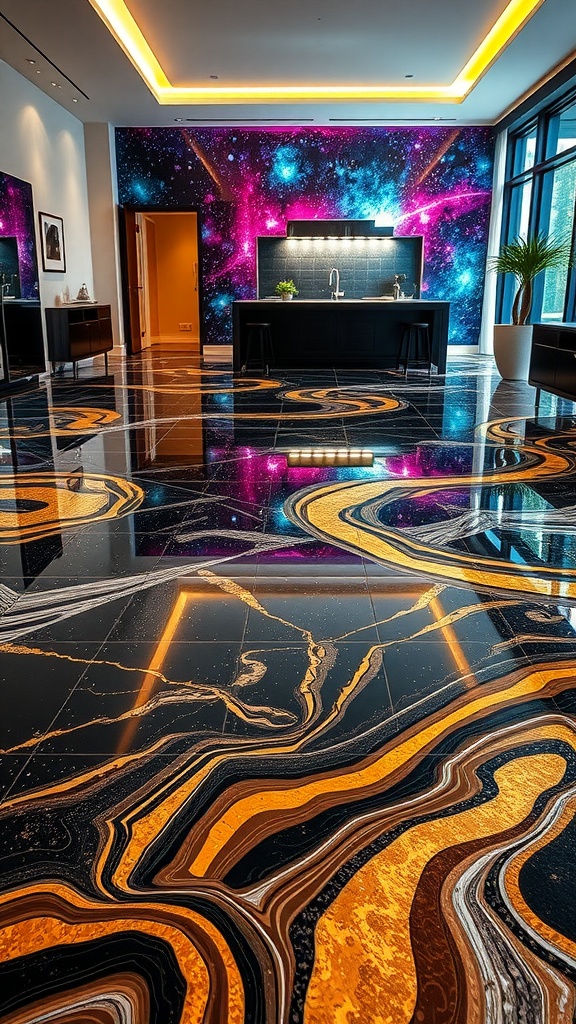 A modern kitchen with a geometric epoxy floor design featuring bold colors and reflective surfaces