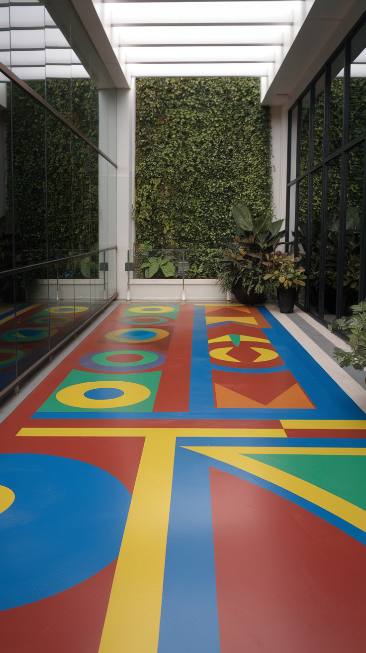 Colorful geometric epoxy floor design in a modern patio