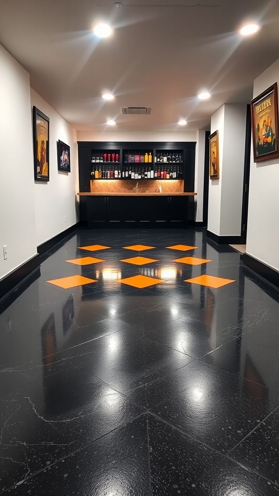 A stylish black epoxy basement floor with orange diamond patterns, featuring a sleek bar area