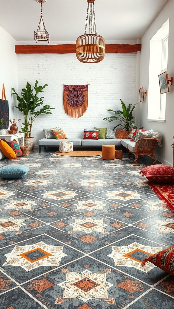 Cozy living room with geometric patterned epoxy flooring and colorful cushions.
