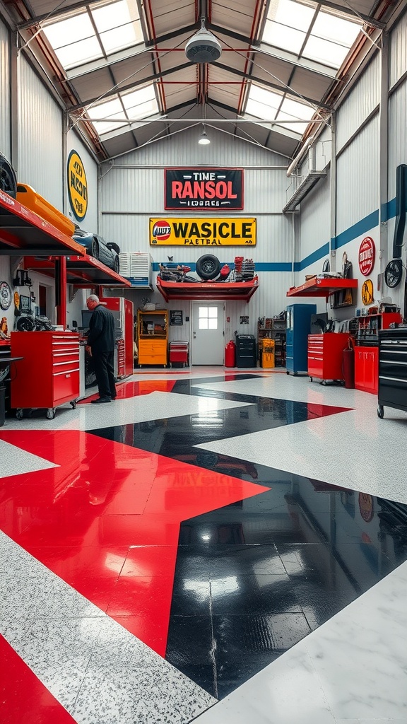 A modern workshop with a geometric epoxy floor design featuring red, black, and white patterns.
