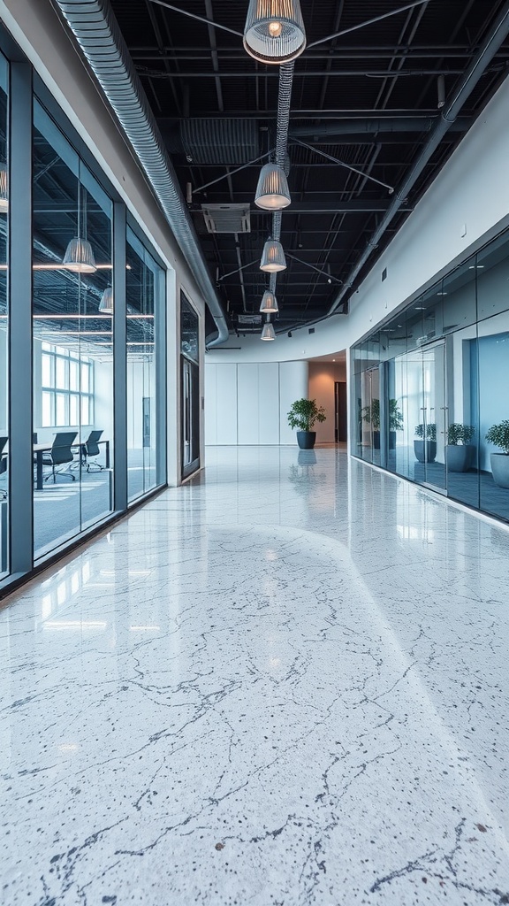 A modern interior showcasing epoxy flooring featuring geometric patterns in dark blue and white hues.