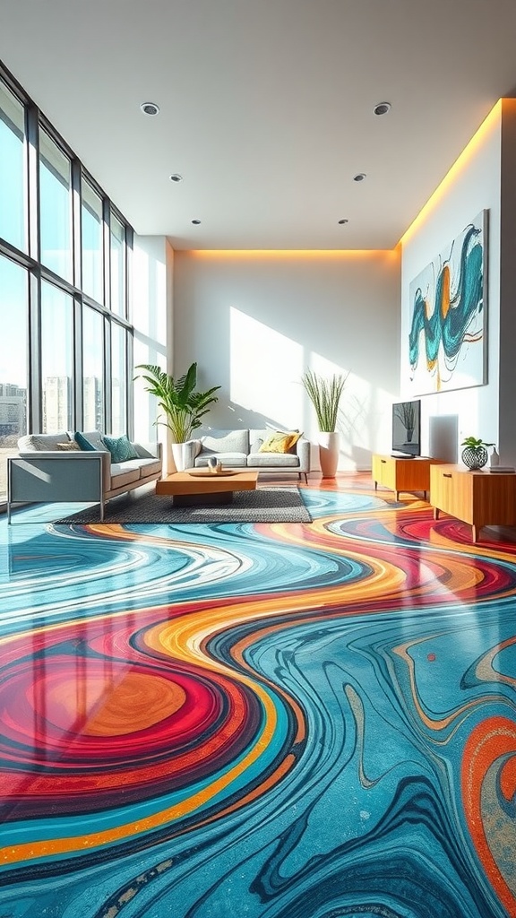 A vibrant geometric floor design featuring colorful triangles and circles in a modern interior space.