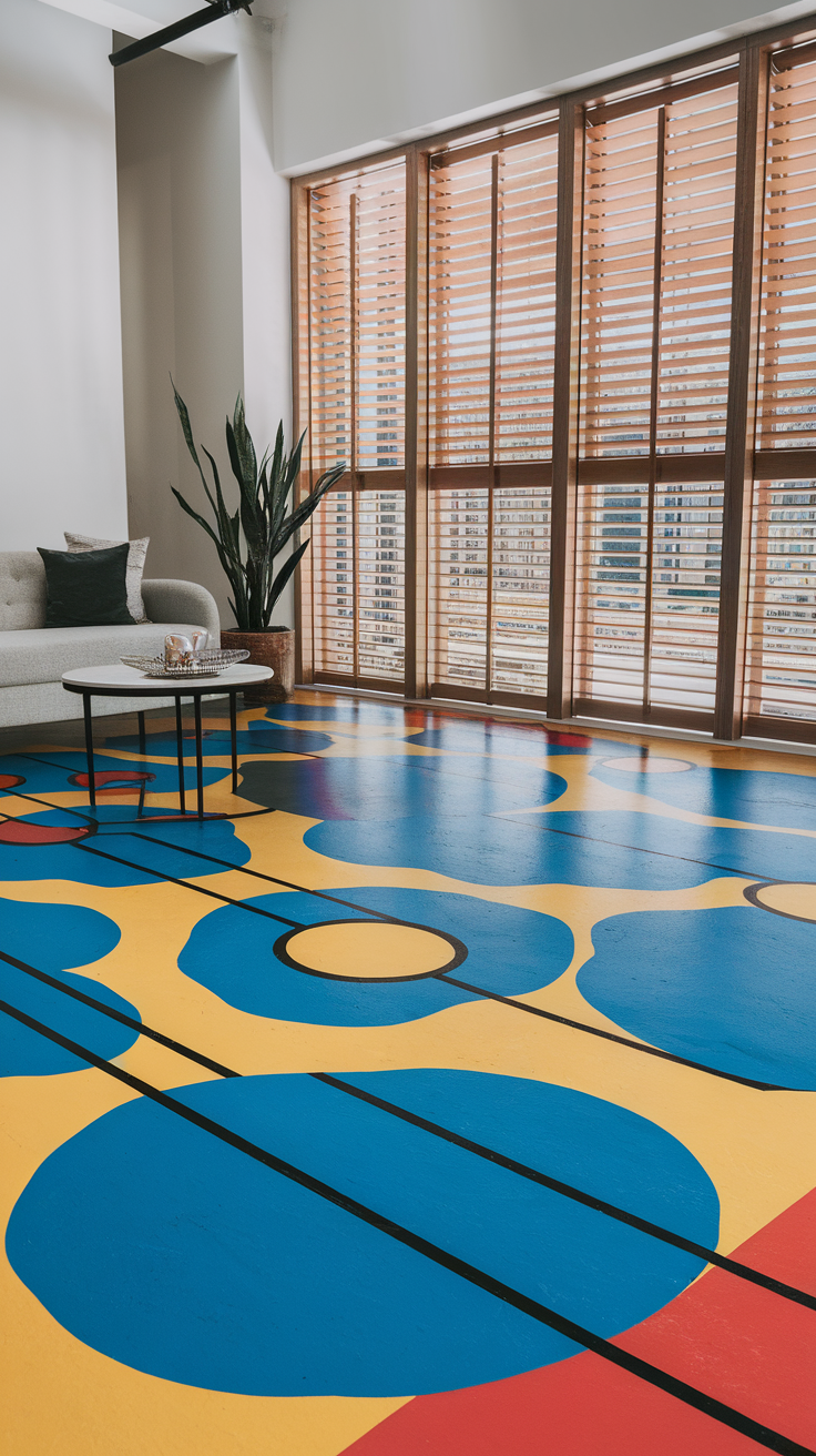 Vibrant geometric patterned epoxy floor featuring colorful triangular designs.