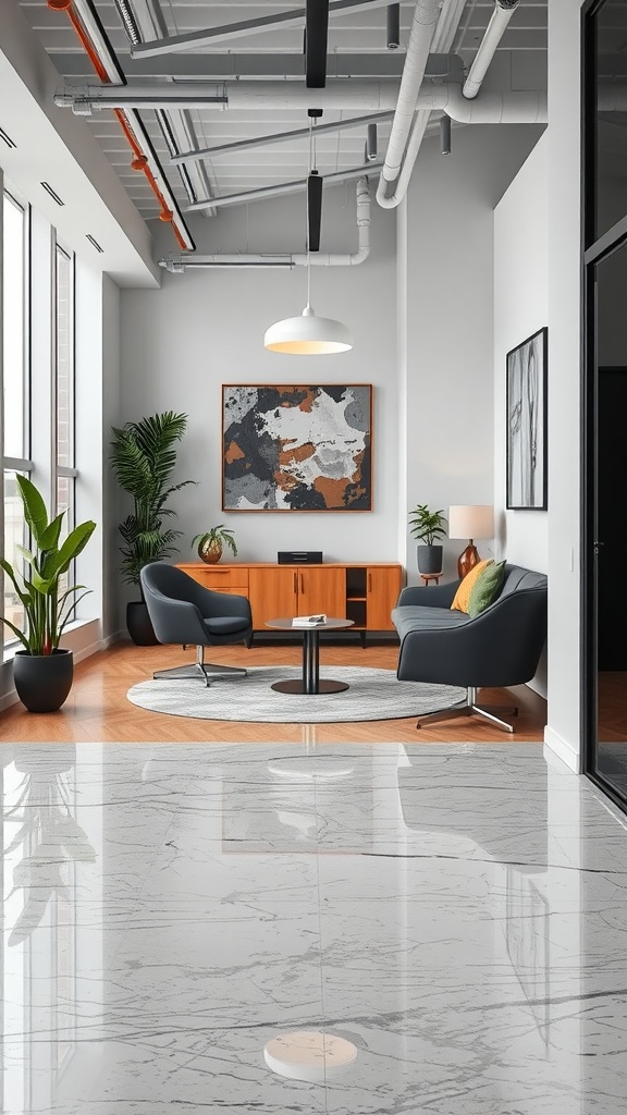 A modern room showcasing a stylish epoxy floor with geometric patterns.