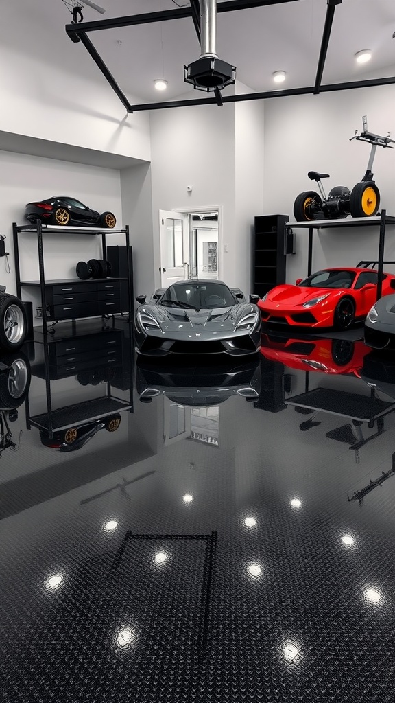 A modern garage showcasing geometric patterns on a black epoxy floor with luxury cars.
