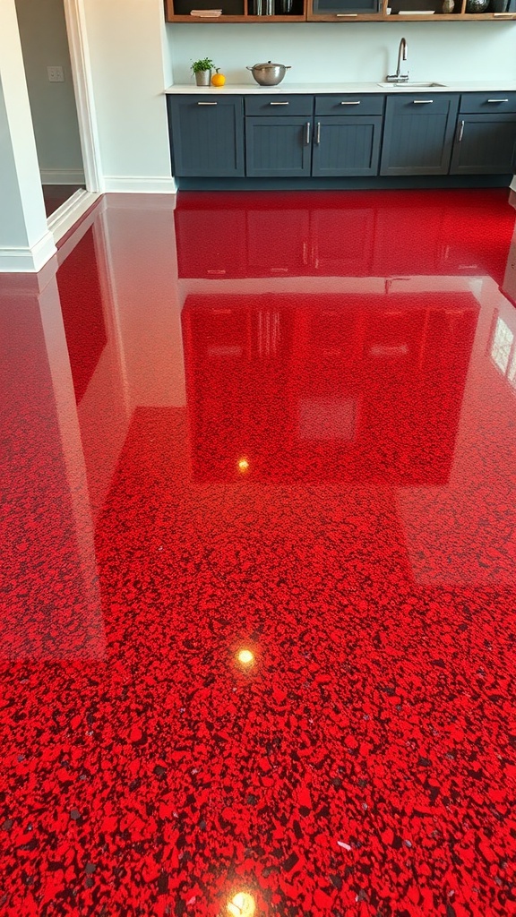Modern living room with geometric epoxy floor design featuring black and wood patterns.