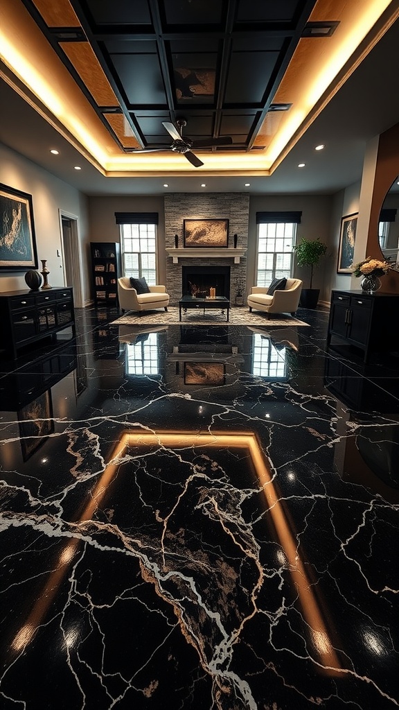 A luxurious living space featuring a black marble epoxy floor with geometric patterns and ambient lighting.